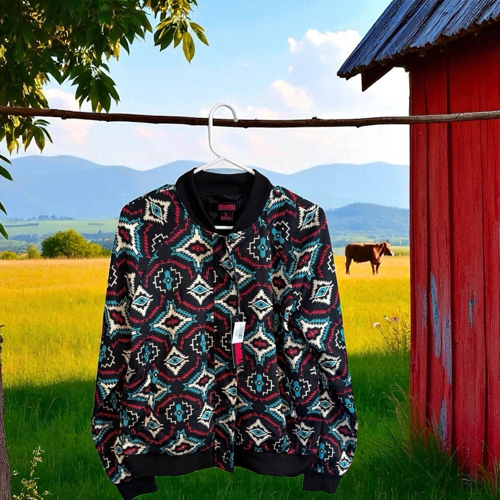 Rock & Roll Denim Ladies Aztec Print Western Satin Black Bomber Large